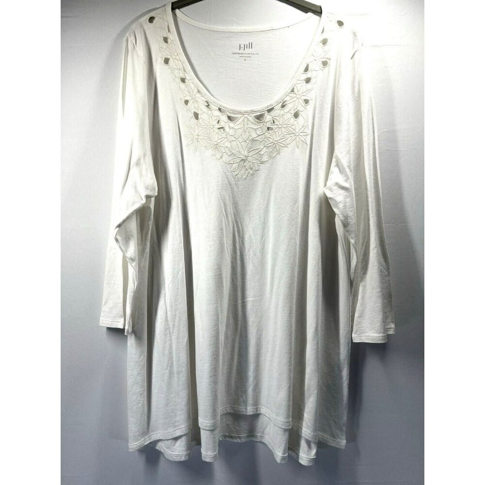 J Jill Embroidered Elliptical Top XL‎ White Solid 3/4 Sleeve Cotton Modal Tunic